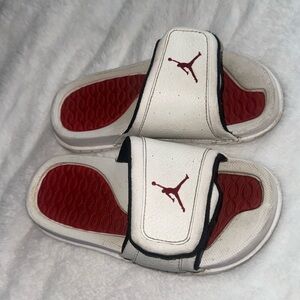 Jordan sandals size 12 C white red and black corner on left foot is lifting